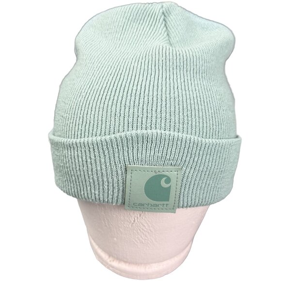 CARHARTT Acrylic Knit Cuffed Beanie Hat Mint Green Logo Patch One Size - Picture 1 of 6
